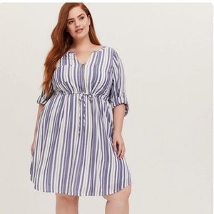 Torrid Blue & White Stripe Zip Front Drawstring Shirt Dress